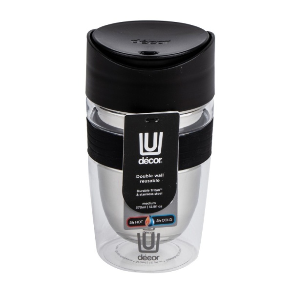 DECOR / Термокружка TRAVEL CUP с двойными стенками тритан, нержавеющая сталь 370мл, черный (101176)