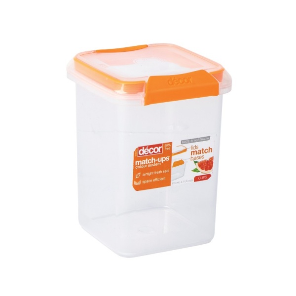 DECOR / Контейнер пищевой PREMIUM MATCH-UPS CLIPS высокий квадратный оранжевый 975мл (101054)